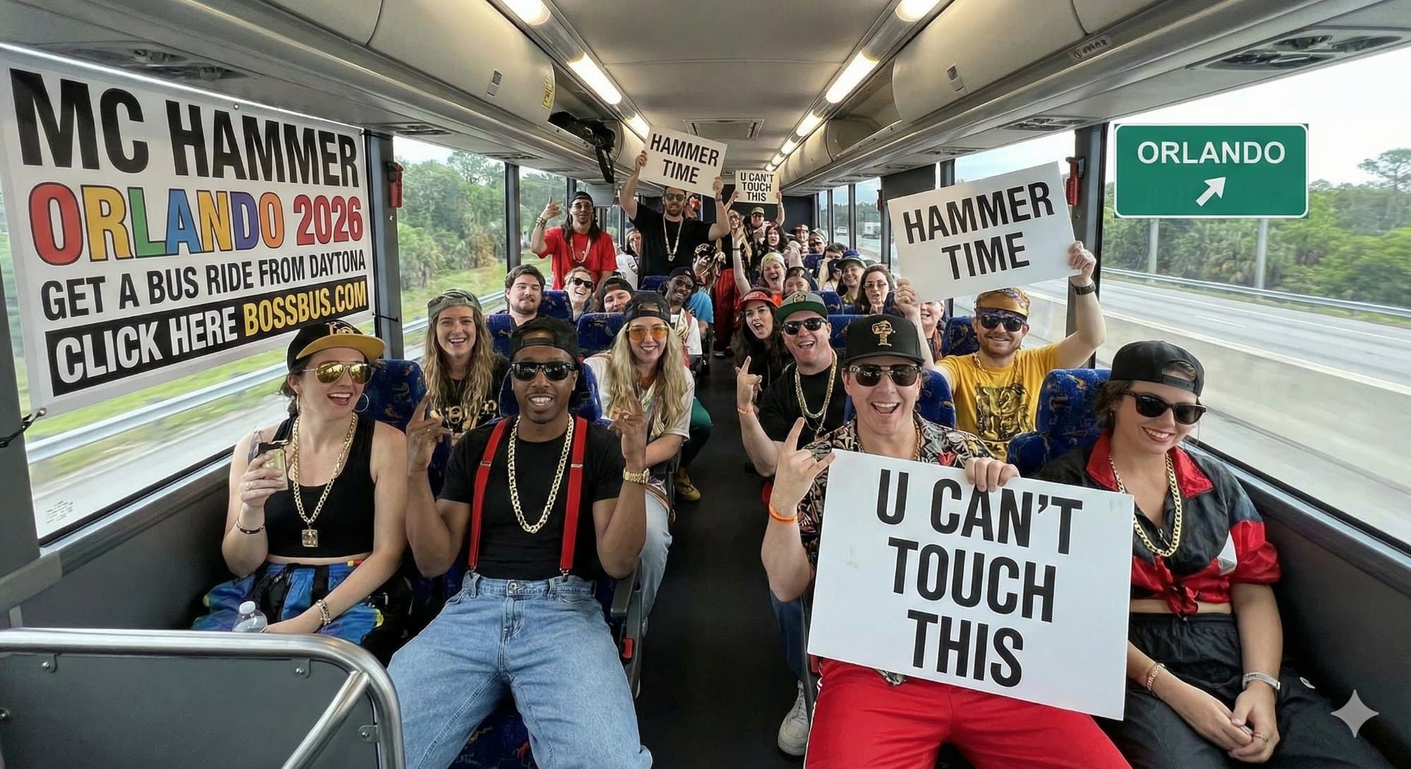 Excited passengers on bus heading to concert